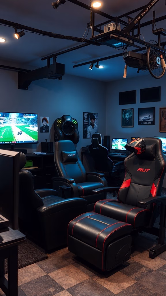 A cozy gaming room with comfortable seating arrangements, featuring sleek gaming chairs and soft lighting.
