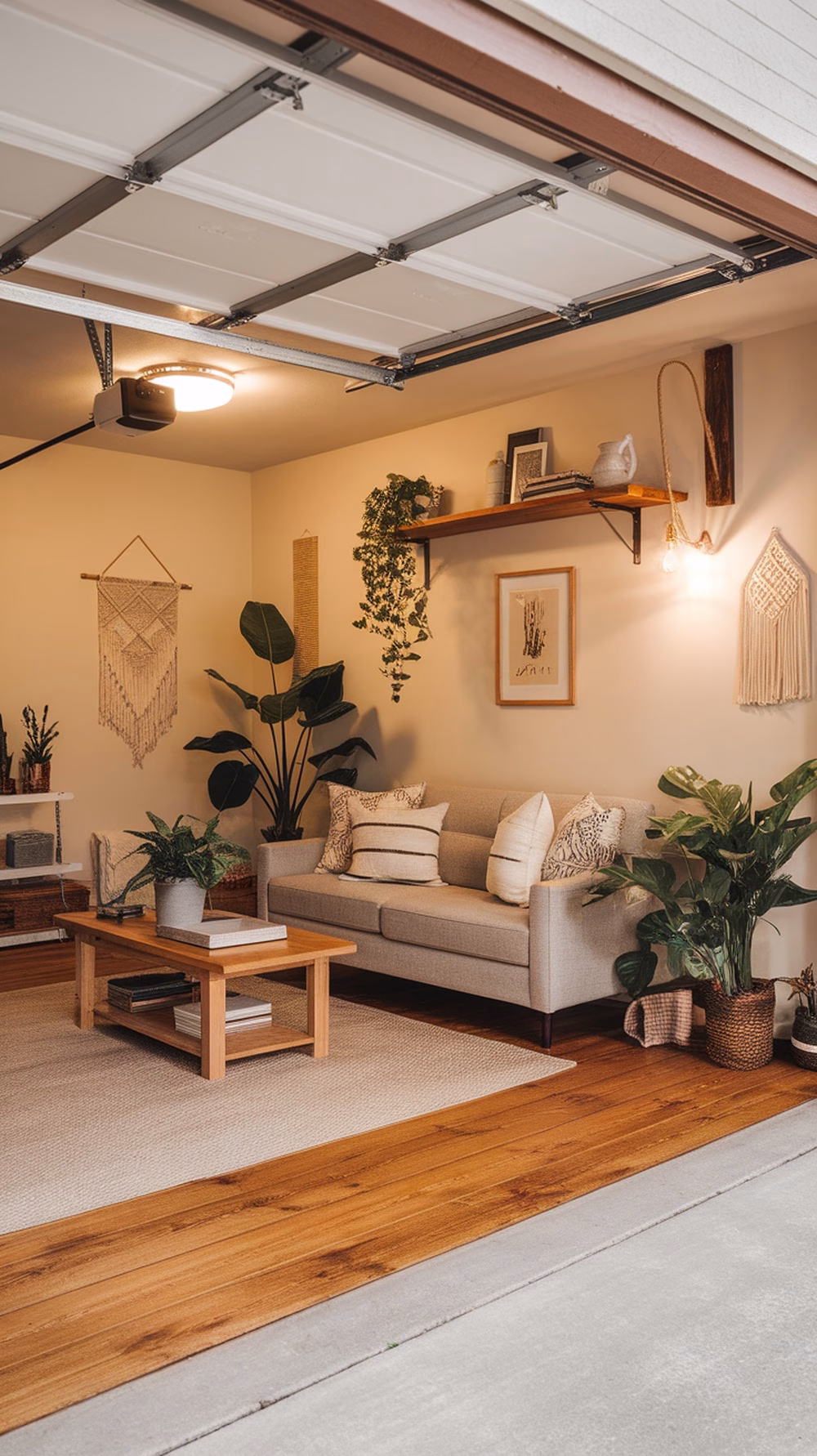 A cozy garage conversion featuring wood plank flooring, a sofa, plants, and decorative elements.
