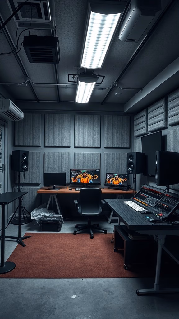 A modern soundproof gaming studio with two monitors, sound system, and a comfortable chair.