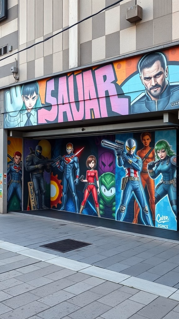 A vibrant mural featuring various gaming characters, showcasing a colorful and dynamic design.