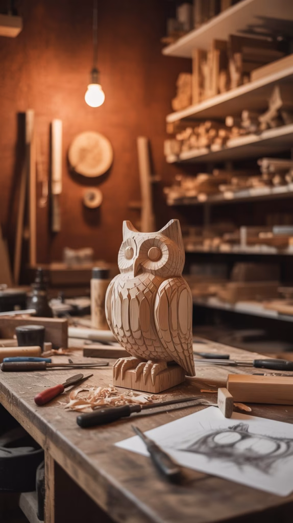 A photograph of a weathered workbench nestled within a cozy wood shop, showcasing a half-finished wooden carving of "OWL". The workbench is littered with hand tools, wood shavings, and a scattering of pencil sketches, all bathed in the warm light. The walls are painted a rich terracotta, and a single incandescent bulb hangs overhead, casting long shadows that accentuate the texture of the wood. Softly blurred in the background are shelves stocked with various wood types, creating a rustic artist's studio atmosphere.