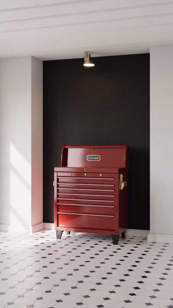 A photograph of a pristine red tool chest standing prominently against a stark black accent wall in a meticulously organized wood shop. The tool chest has a polished finish with brass hardware and features a small, silver label reading "FINE TOOLS" affixed to the front. The wood shop has bright white walls, a floor of black and white checkered tiles, and a single overhead spotlight illuminating the chest, creating a dramatic contrast. Soft shadows are cast across the room, emphasizing the clean lines and modern aesthetic of the space.