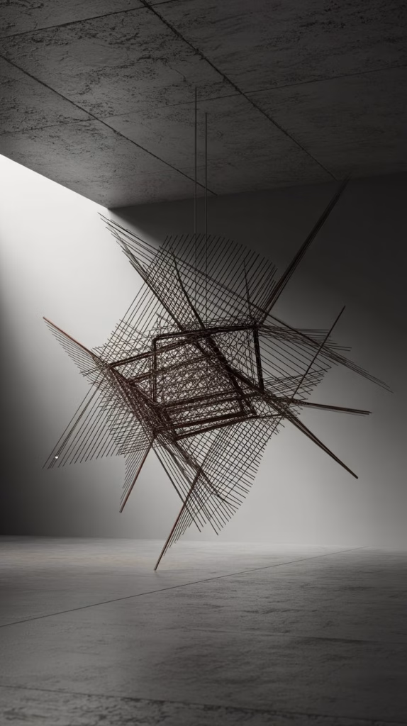A photograph showcasing a striking, dark metal wire sculpture suspended from a textured concrete ceiling. The sculpture’s complex geometric design of intersecting lines and planes creates an intricate, three-dimensional form, casting sharp, angular shadows that play across the surrounding space. The dimly lit industrial setting features a smooth concrete floor and a single spotlight illuminating the artwork, emphasizing its delicate structure and minimalist aesthetic. The backdrop fades into a soft gray, drawing all attention to the captivating interplay of light and shadow within the sculpture.