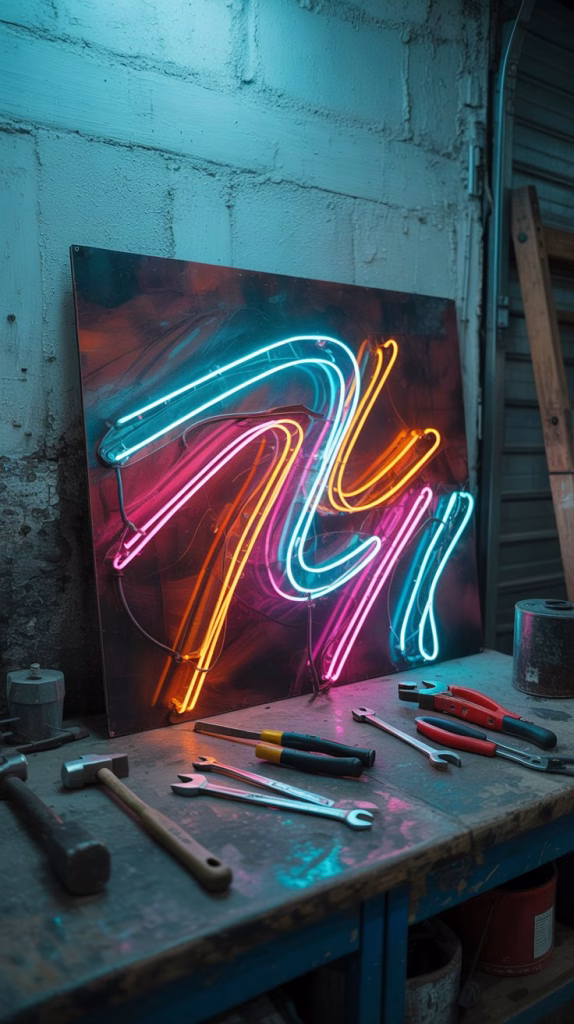 A photograph of a custom neon light sculpture mounted on a section of a concrete garage wall. The sculpture emits vibrant streaks of turquoise, magenta, and deep orange light, forming dynamic, swirling patterns resembling flowing energy across the textured surface. Below the sculpture, various vintage tools—wrenches, pliers, and hammers—rest on a weathered workbench, subtly illuminated by the colorful light spilling onto their metallic surfaces. The overall scene is bathed in a cool, moody atmosphere, with the garage door partially visible in the background, hinting at a larger, utilitarian space.
