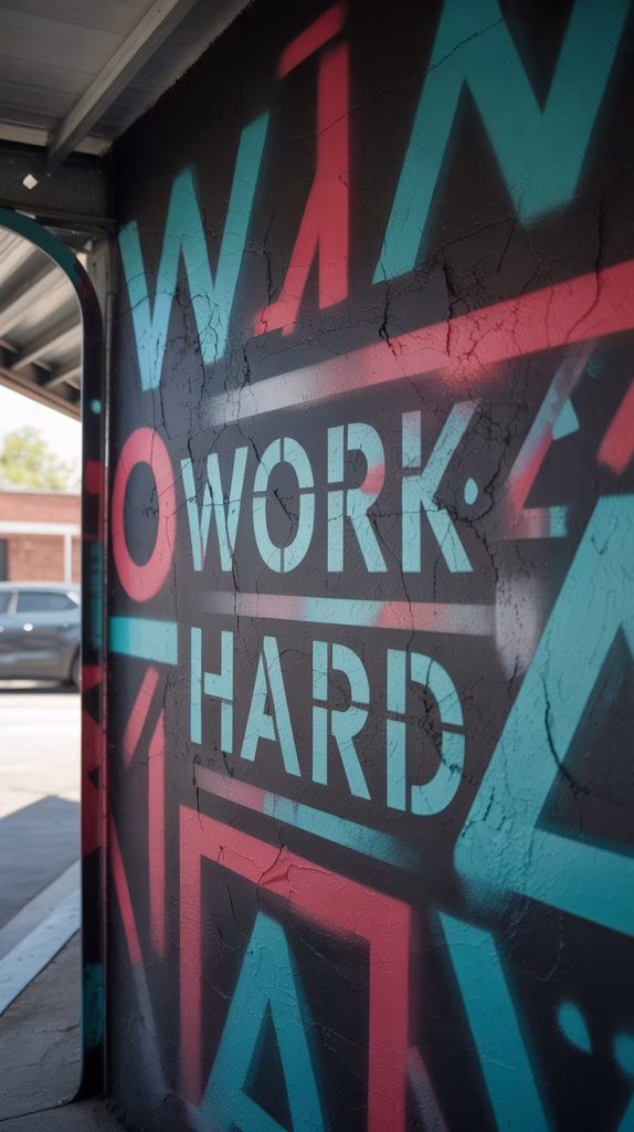 A photograph of a textured garage wall showcasing a dynamic abstract stencil art piece. The artwork features layered geometric shapes like triangles and circles, alongside organic forms and fragments of the phrase "WORK HARD" sprayed in a distressed font, all in overlapping layers of vibrant teal, crimson, and charcoal gray. Subtle color variations and partial overlaps create a sense of depth and complexity, as if revealing hidden layers within the wall. Soft natural light filters in from a nearby open garage door, casting gentle shadows across the artwork and highlighting its raw, urban texture.