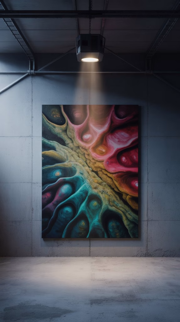 A photograph of a large, vibrant biomorphic abstract painting hanging on a bare, concrete garage wall. The artwork pulsates with organic forms in swirling gradients of teal, crimson, and gold, resembling magnified cellular structures and evoking a sense of hidden life.  A single work light positioned above the painting casts a focused beam, highlighting its texture and dynamic colors while leaving the surrounding garage space in soft shadow.  Dust motes dance in the light beam, adding a subtle layer of realism to the otherwise surreal and captivating scene.