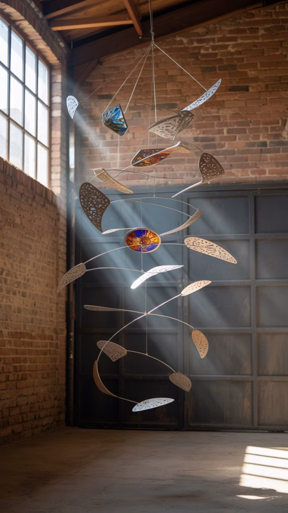 A photograph of a large, intricate kinetic art mobile suspended from the high ceiling of a vintage, brick-walled garage. The mobile is constructed from polished aluminum, vibrant stained glass, and intricately carved wooden shapes, all interconnected with thin, nearly invisible wires that allow them to slowly rotate and shift. Sunlight streams through the open garage door, illuminating the mobile and creating a mesmerizing dance of light and shadow on the exposed brickwork, while dust motes hang suspended in the air. The overall scene exudes a sense of quiet movement and artistic ingenuity.