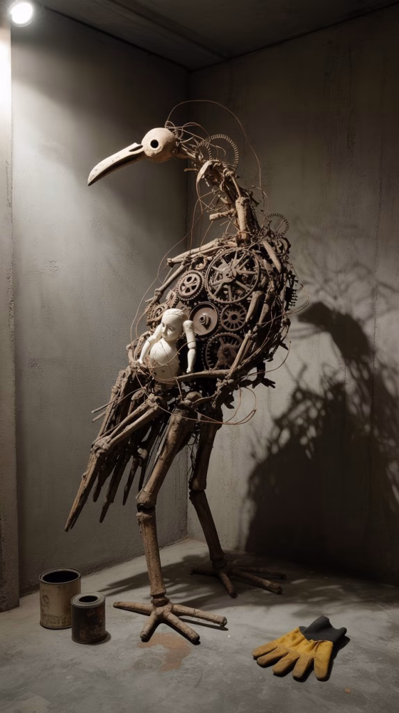 A photograph capturing a corner of a dimly lit, vintage garage showcasing an extraordinary surrealist assemblage sculpture. The sculpture's form resembles a skeletal bird, meticulously crafted from rusted gears, fragmented porcelain dolls, and weathered driftwood, all unified by copper wire. A single spotlight illuminates the sculpture, casting long, dramatic shadows on the surrounding concrete floor and highlighting the textures of the disparate components. Scattered around the base are a few faded paint cans and a single, antique work glove, suggesting a history of creation and abandonment.
