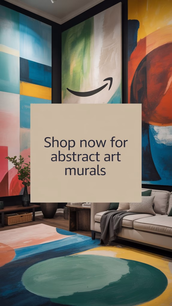 showcaseing a wall of colorful abstract art murals and a shop now message