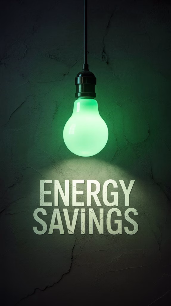 A photograph of a single, glowing green lightbulb suspended against a dark, textured concrete wall. The lightbulb radiates a soft, emerald glow, subtly illuminating the rough surface of the wall and casting intricate shadows. Below the lightbulb, painted in elegant white lettering, are the words "“ENERGY SAVINGS””. The scene is lit with a focused beam highlighting the lightbulb and text, conveying efficiency and sustainability.