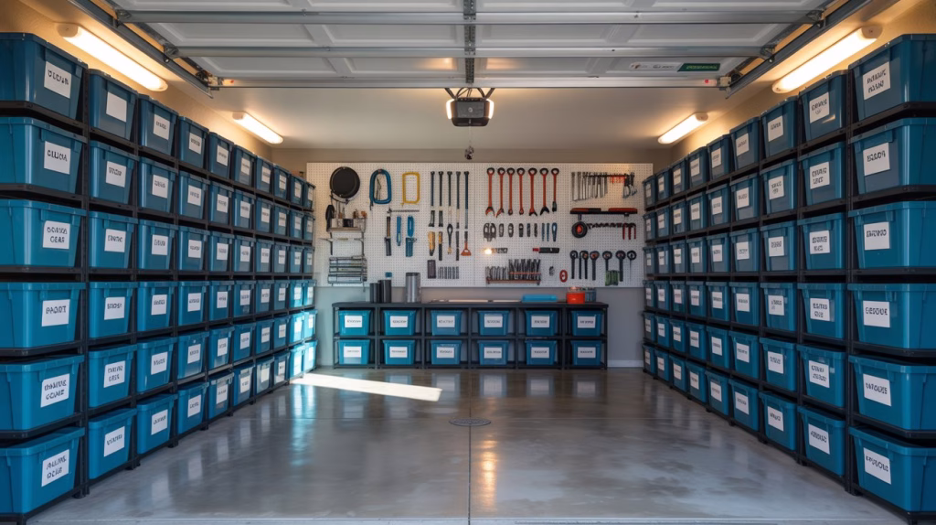 A photograph of a meticulously organized garage featuring neatly stacked blue storage bins. Each bin is labeled with clear white lettering that reads "Holiday Decorations" "Camping Gear" and "Gardening Tools". The garage floor is polished concrete reflecting the soft glow of overhead fluorescent lighting and tools are hung on a pegboard along the back wall, creating a functional and aesthetically pleasing space. A single beam of sunlight streams in through a partially opened garage door, illuminating the scene.