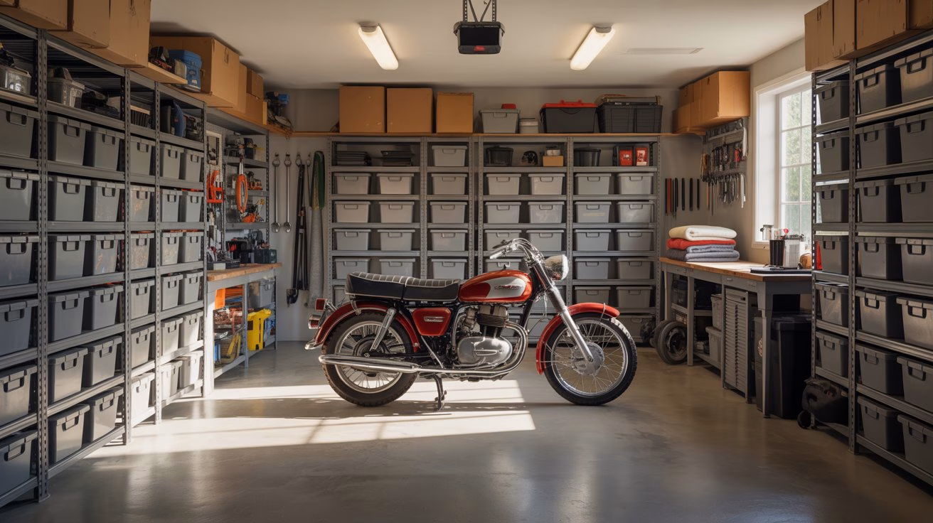 A photograph of a meticulously organized, two-car garage bathed in soft natural light. Rows of neatly labeled storage bins in various shades of gray line the walls, filled with tools and equipment. A vintage red motorcycle sits proudly in the center, its chrome gleaming under the warm light, and a neatly folded stack of blankets rests on a nearby workbench. The concrete floor is spotless, reflecting the light and creating a sense of calm order within the spacious garage.