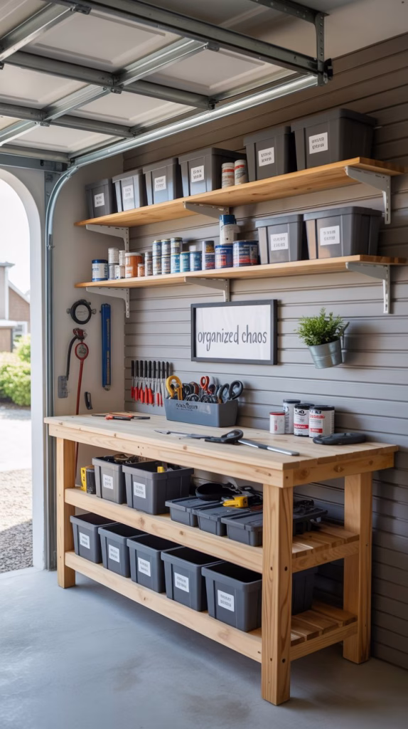 A photograph of a well-organized DIY garage storage system featuring a sturdy wooden workbench with various tools neatly arranged on top. Hanging above the workbench is a series of custom-built shelves displaying labeled storage bins filled with hardware, paint cans, and gardening supplies. The wall behind the workbench is painted a light grey, accented by a framed sign that reads " “Organized Chaos”". Soft, natural light streams in from a large open garage door, illuminating the clean and functional workspace.
