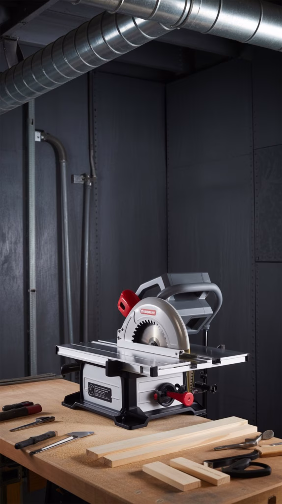 A photograph of a professional-grade table saw taking center stage in a modern industrial wood shop. The saw features a bright red safety switch and a polished steel blade, positioned on a sturdy workbench with meticulously arranged tools and lumber. Exposed metal pipes run along the ceiling against dramatic charcoal gray walls, creating a stark contrast with the silver and chrome of the surrounding equipment. Soft, diffused lighting highlights the texture of the wood and the precision of the tools, evoking a sense of craftsmanship and efficiency.