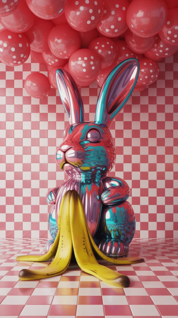 A large canvas presents a surrealist pop art hybrid featuring a towering, melting cartoon rabbit rendered in vibrant, saturated hues of pink, turquoise, and lemon yellow. The rabbit’s form distorts and flows into the background, its elongated ears morphing into stylized cacti and its fluffy body blending seamlessly with a checkerboard pattern reminiscent of a vintage diner floor. Above the rabbit, a gigantic, floating banana peel casts a playful shadow across the checkerboard, while a cascade of oversized, polka-dotted balloons drifts gently from the top of the canvas. The scene is bathed in a warm, diffused light, enhancing the dreamlike atmosphere and contrasting the playful colors with a sense of unsettling, illogical scale.