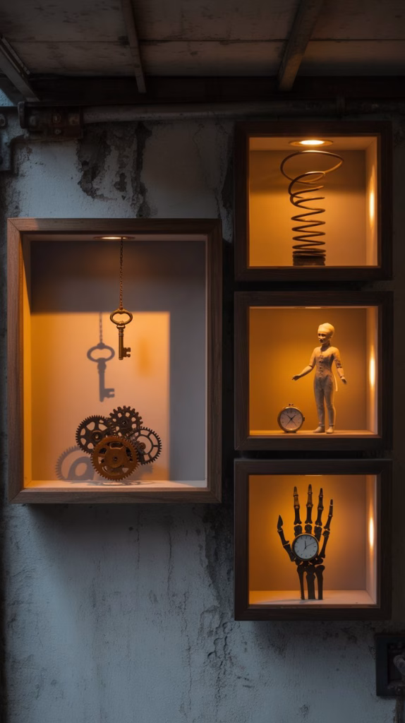 A photograph showcases a series of five shadow boxes mounted on a weathered concrete garage wall, each meticulously displaying a miniature, surreal scene. The leftmost box contains a tiny brass key suspended above a collection of tarnished gears, illuminated by a soft, amber LED light that casts intricate shadows on the surrounding walls. To the right, a rusted spring coils around a miniature porcelain doll, while the final box holds a collection of antique watch parts arranged to resemble a skeletal hand reaching upward. The overall scene is bathed in the dim, atmospheric glow of the internal LEDs, creating a sense of quiet mystery and contemplation.