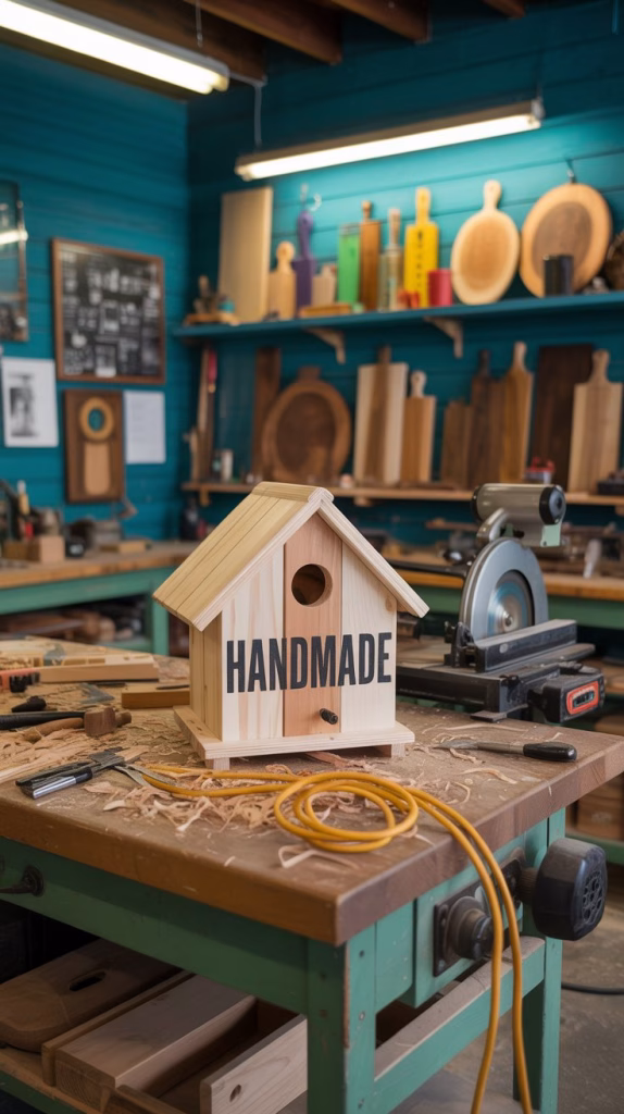 A photograph of a brightly lit wood shop showcasing a well-worn workbench as the central focus. The workbench is covered in an array of wood shavings and tools, with a half-finished wooden birdhouse resting on top, painted with "HANDMADE" in bold black letters. Teal walls create a vibrant backdrop, with a vibrant yellow-orange electrical cord casually snaking across the floor toward a vintage table saw. Shelves in the background display a colorful collection of finished wooden toys and cutting boards, basking in the warm glow of overhead lighting.