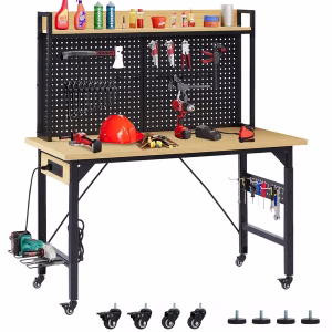 48" Adjustable Rolling Workbench, Heavy-Duty 2000 lbs Capacity with Pegboard & Power Outlets