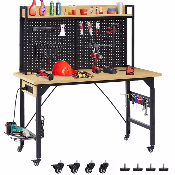 48" Adjustable Rolling Workbench, Heavy-Duty 2000 lbs Capacity with Pegboard & Power Outlets