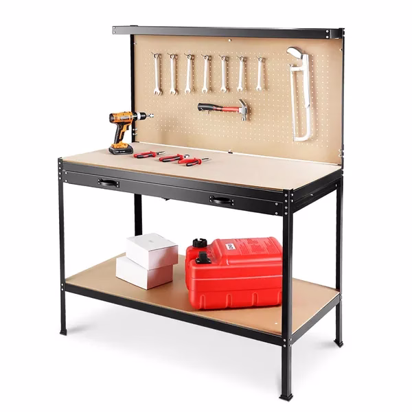 63-Inch Steel Workbench with Drawer and Pegboard, 300 lbs Capacity Workshop Table