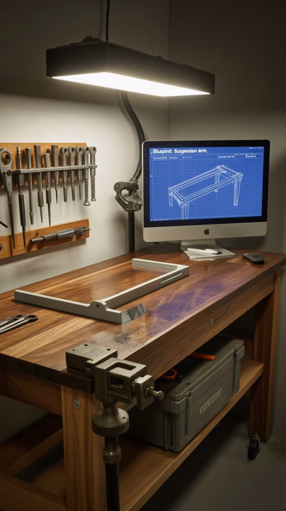 A photograph of a sturdy, custom-built workbench bathed in the cool glow of a single overhead work light. The workbench surface, made of rich walnut wood, gleams with a fresh coat of sealant, revealing fine grain patterns and displaying a partially completed metal bracket. A heavy-duty vice is clamped securely to the corner of the bench, while a computer monitor on a flexible arm displays “Blueprint: Suspension Arm,” showcasing a complex digital design. The scene is clean and organized, with a toolbox on wheels resting near the leg of the workbench and a rack of neatly hung air tools completing the professional workshop setting.