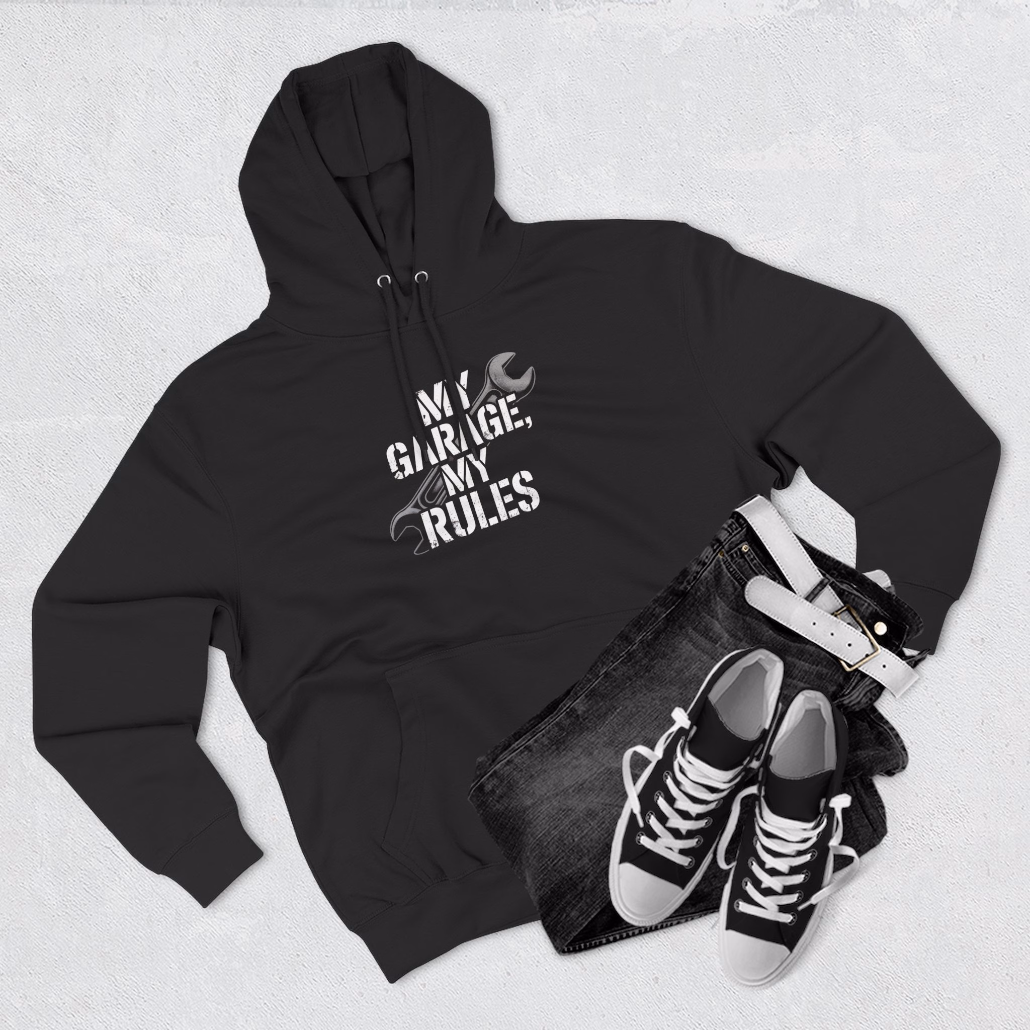 Garage Rules Fleece Hoodie | Cozy Sweatshirt for Car Lovers, Gift for Mechanics, Soft Pullover for Men and Women