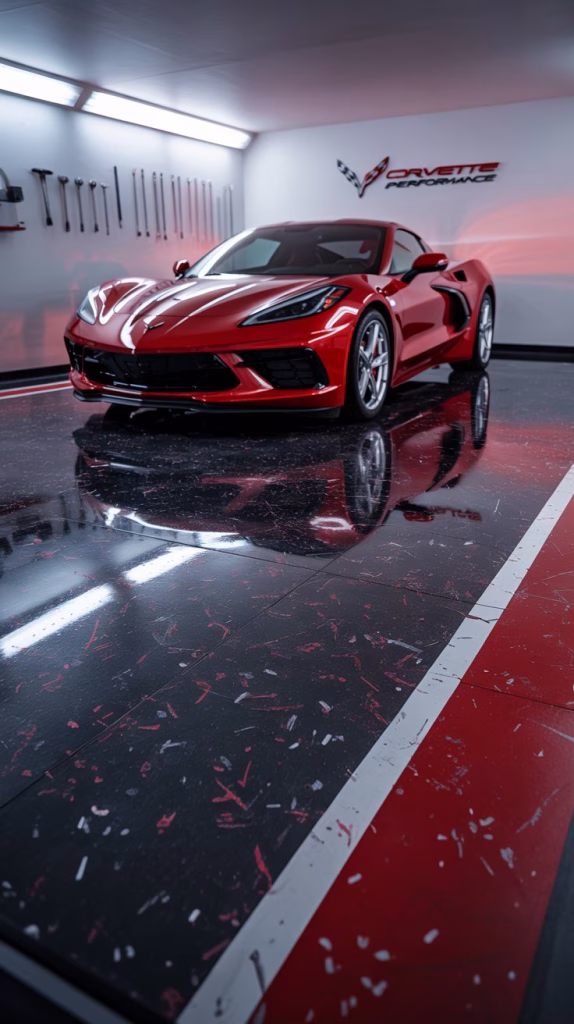 A photograph of a vibrant red C8 Corvette parked in a pristine, modern garage. The Corvette's glossy paint reflects the intricate details of the garage floor, a deep black epoxy finish scattered with silver and ruby red flakes, accented by a bold white racing stripe running its length. The floor extends to a far wall with a subtle texture and faint outlines of tools neatly mounted, while diffused overhead lighting highlights the car's sleek lines and the floor’s shimmering surface. The scene is captured with a wide-angle lens, showcasing the car's impressive form within the context of a luxury garage environment displaying "Corvette Performance" in a subtle font on the wall.