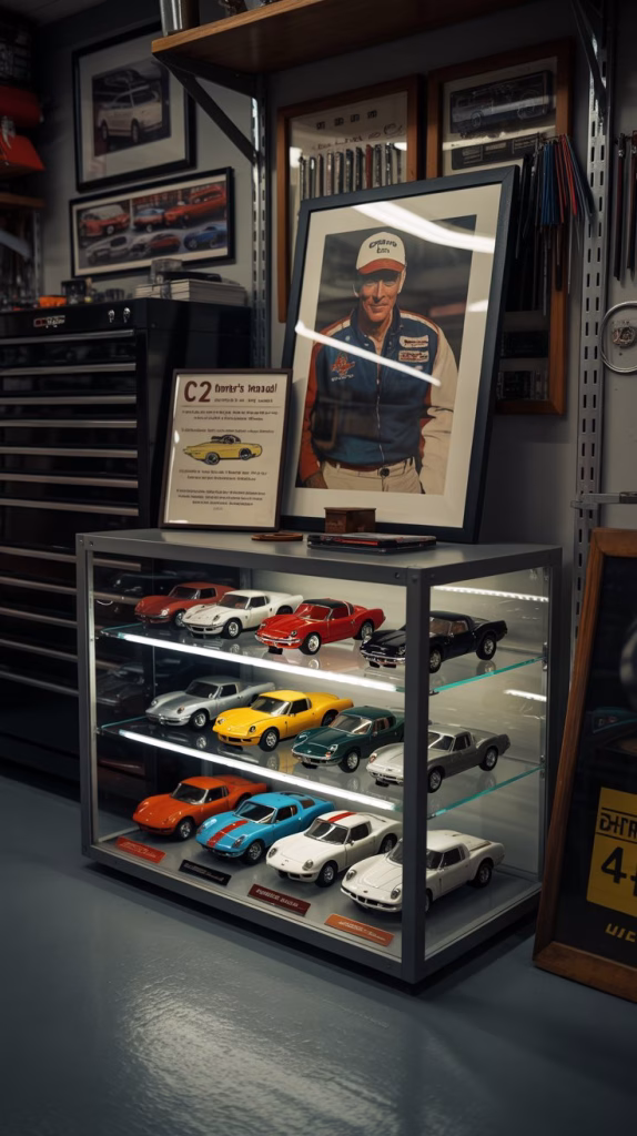 A photograph of a custom-built display case positioned in the corner of a well-organized, dimly lit garage. Inside the glass case, a rare "C2 Owner's Manual" sits prominently beside a framed, signed poster featuring a legendary Corvette race driver. Below these items, meticulously arranged die-cast Corvette models from each generation are displayed, their chrome gleaming under the subtle glow of internal LED strip lighting. The garage walls are lined with tool chests and automotive memorabilia, creating a sense of passionate dedication and nostalgic charm.