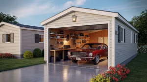 A photograph of a modern detached garage standing next to a matching manufactured home, bathed in the warm glow of a late afternoon sun. The garage door is open, revealing a meticulously organized interior where a cherry red classic Mustang sits gleaming on a polished concrete floor. Custom-built wooden shelving holds neatly arranged tools and equipment, while a single vintage lantern hangs above a sturdy workbench, casting a soft light on the scene. The backdrop showcases a perfectly manicured lawn and a vibrant flower bed, highlighting the home and garage’s pristine condition and projecting a sense of suburban tranquility.