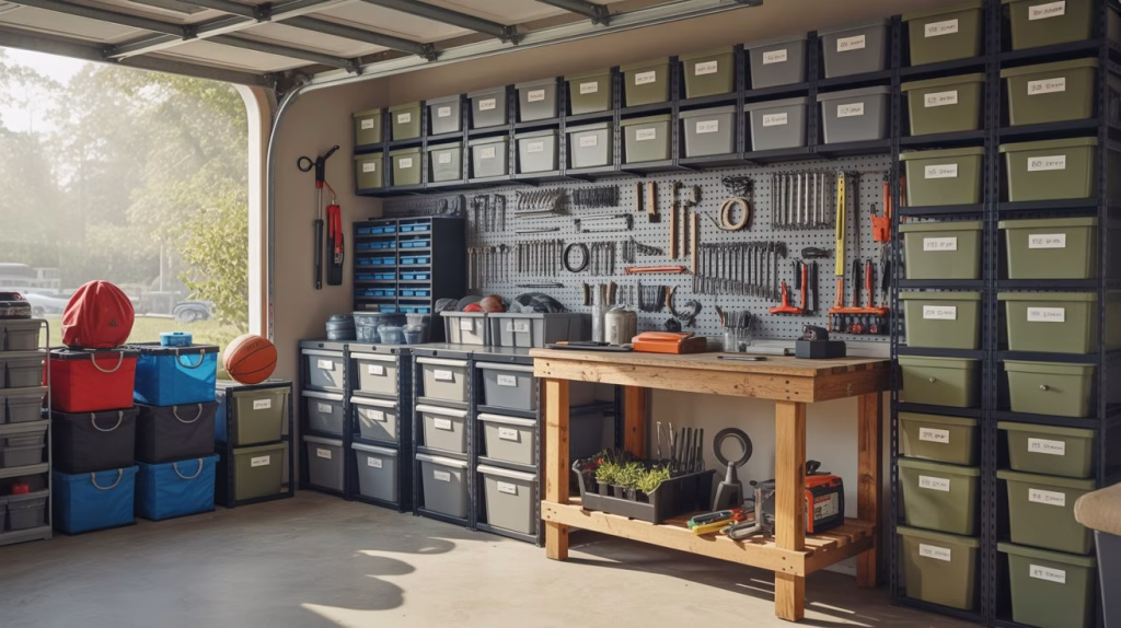 A photograph of a meticulously organized garage featuring distinct zones for tools, sports equipment, and gardening supplies. Rows of neatly labeled storage bins, in shades of gray and olive green, line the back wall, holding various tools and hardware. A vibrant red basketball sits atop a stack of neatly arranged sports bags, while a weathered wooden workbench stands prominently in the center, holding various gardening tools. Soft, diffused sunlight streams in through the open garage door, illuminating the clean and orderly space.
