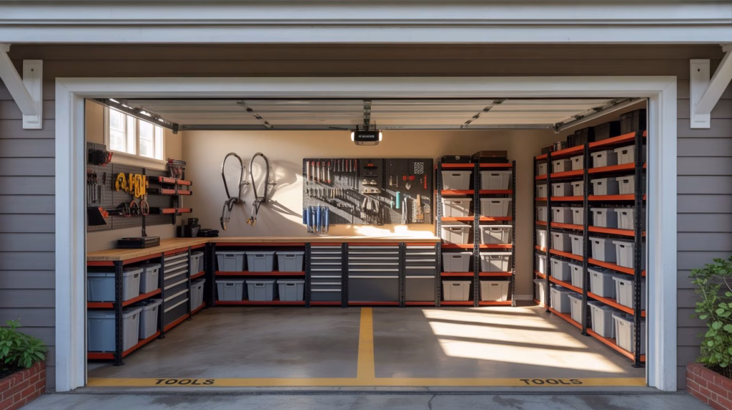 A photograph of a meticulously organized garage showcasing distinct zones for various activities. The zones are clearly defined by different storage solutions: one area holds neatly stacked storage bins filled with tools, another features a workbench with organized hardware, and a third displays a wall-mounted bike rack. Soft, diffused sunlight streams through the open garage door, highlighting the clean lines and functional design of the space. The floor is polished concrete and features a yellow painted line separating the work area from the storage zone marked with “Tools”.