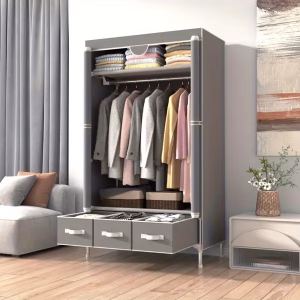 67" Freestanding Portable Closet, Fabric Wardrobe with Roll-Up Door, Hanging Rod & 3 Drawers - Gray