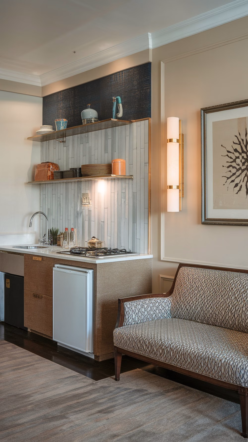 A stylish studio apartment with a kitchenette and cozy seating area.