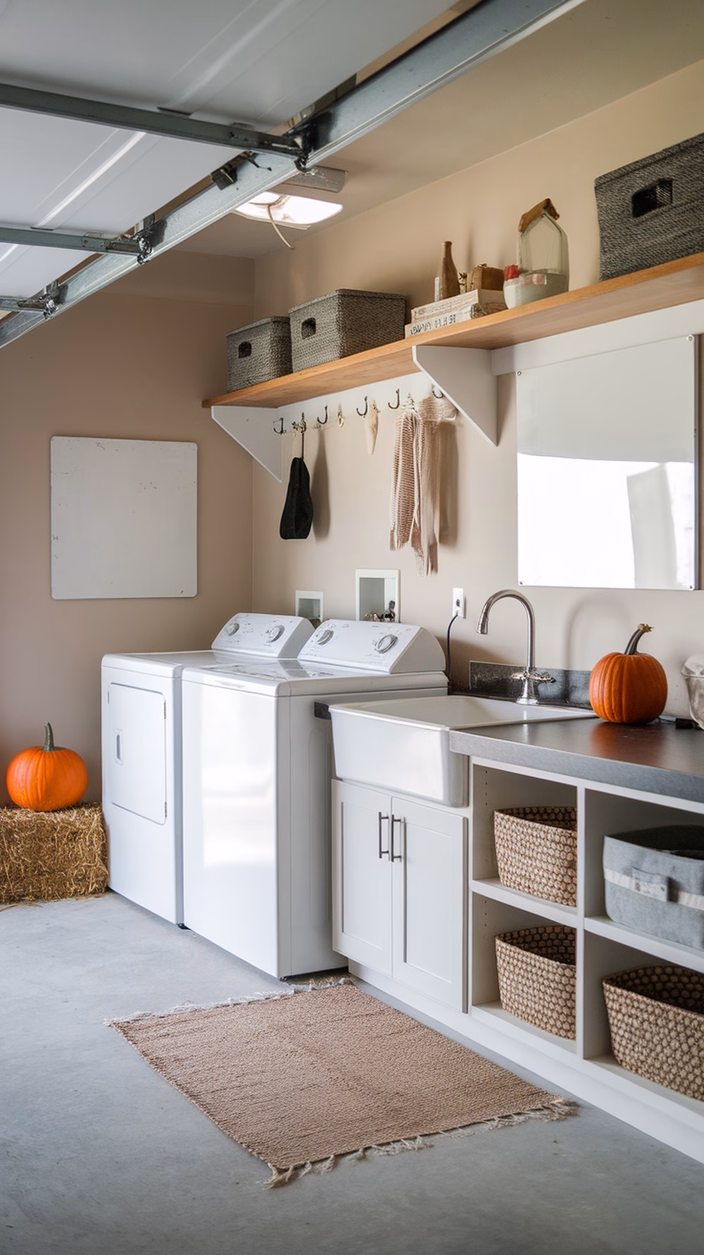 A garage converted into a laundry and mudroom combo with washing machines, a sink, and decorative storage.