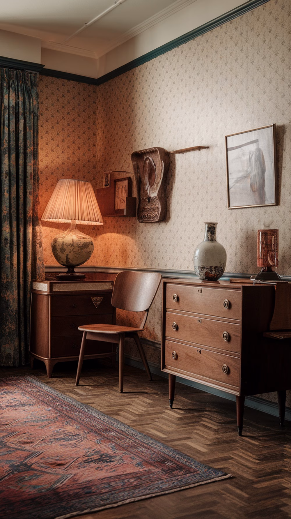 A vintage-inspired guest room with wooden furniture, soft lighting, and patterned wallpaper.