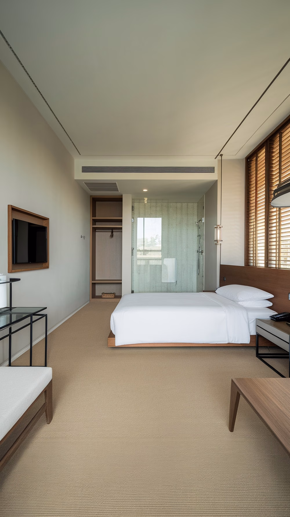 A modern minimalist guest suite with a bed, seating area, and glass shower.