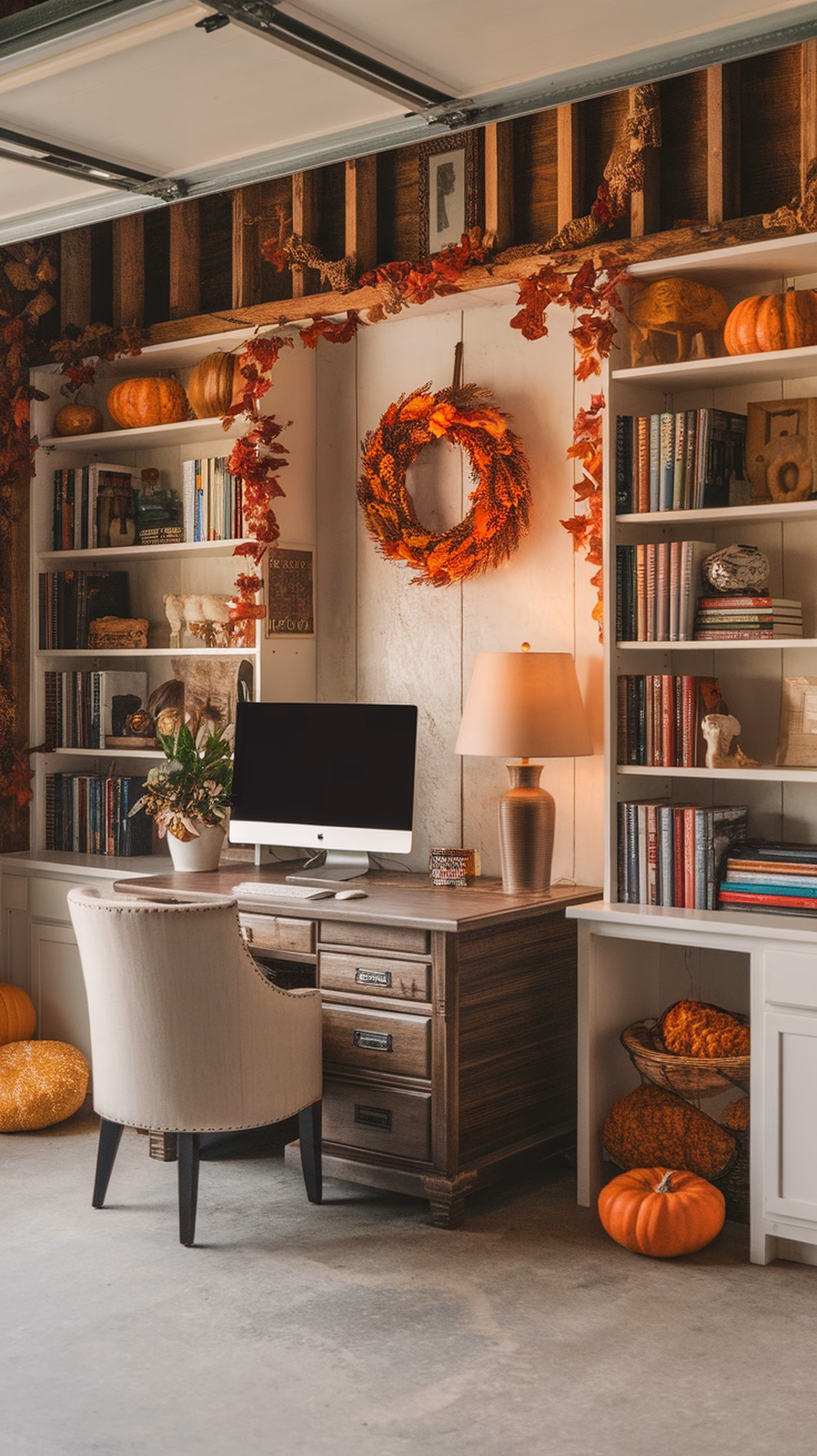 A cozy home office in a garage, decorated for fall with pumpkins, a warm light, and a desk.