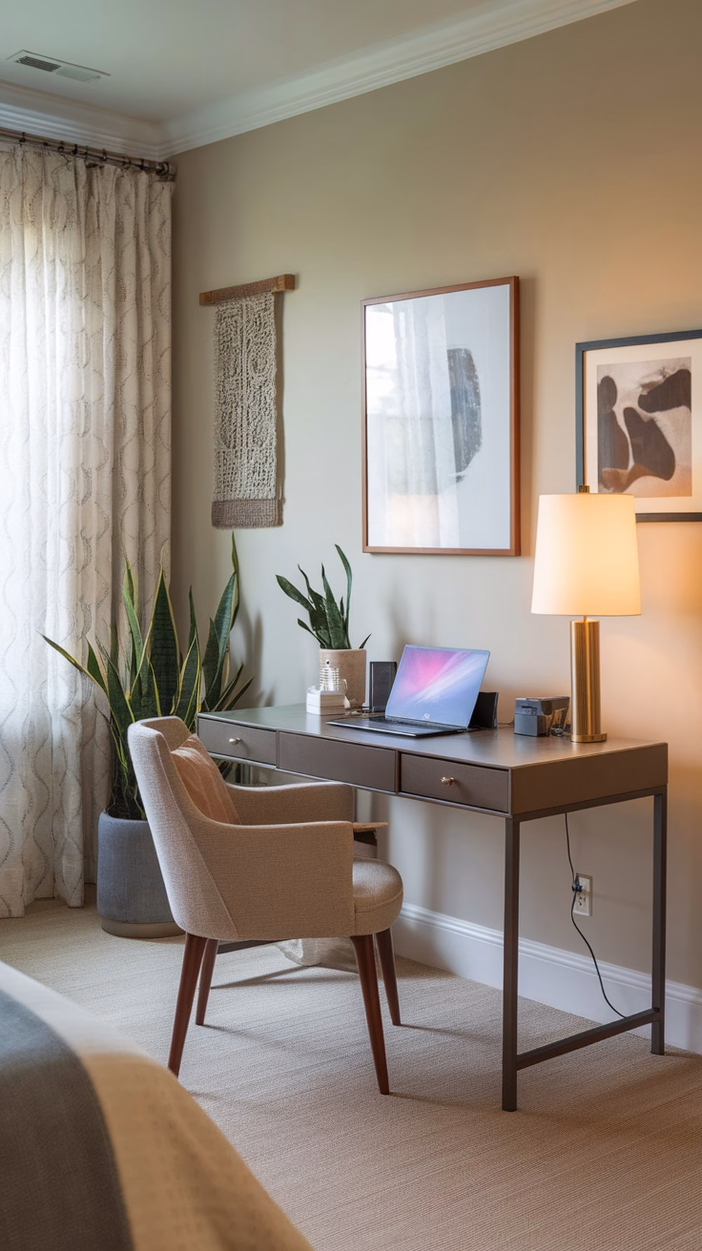 Cozy home office suite with a desk, chair, and plants, perfect for a garage conversion.