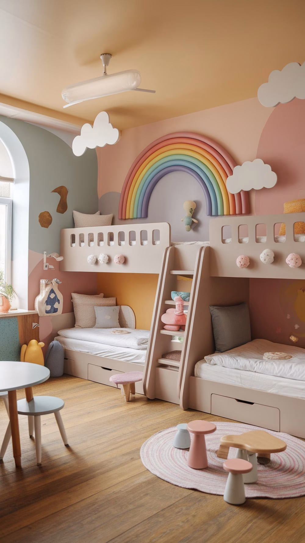 A colorful family-friendly bunk room with a rainbow mural, bunk beds, and playful furniture.