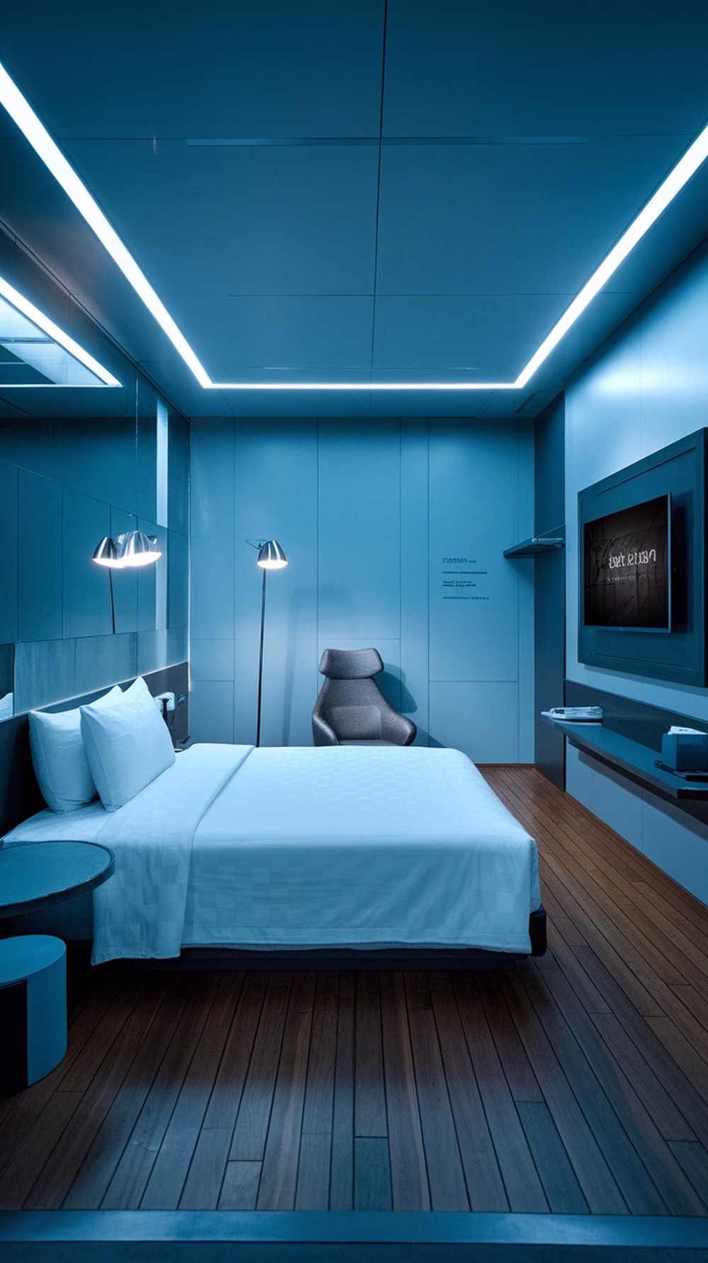 A modern guest suite featuring smart technology, with a bed, chair, and entertainment system.