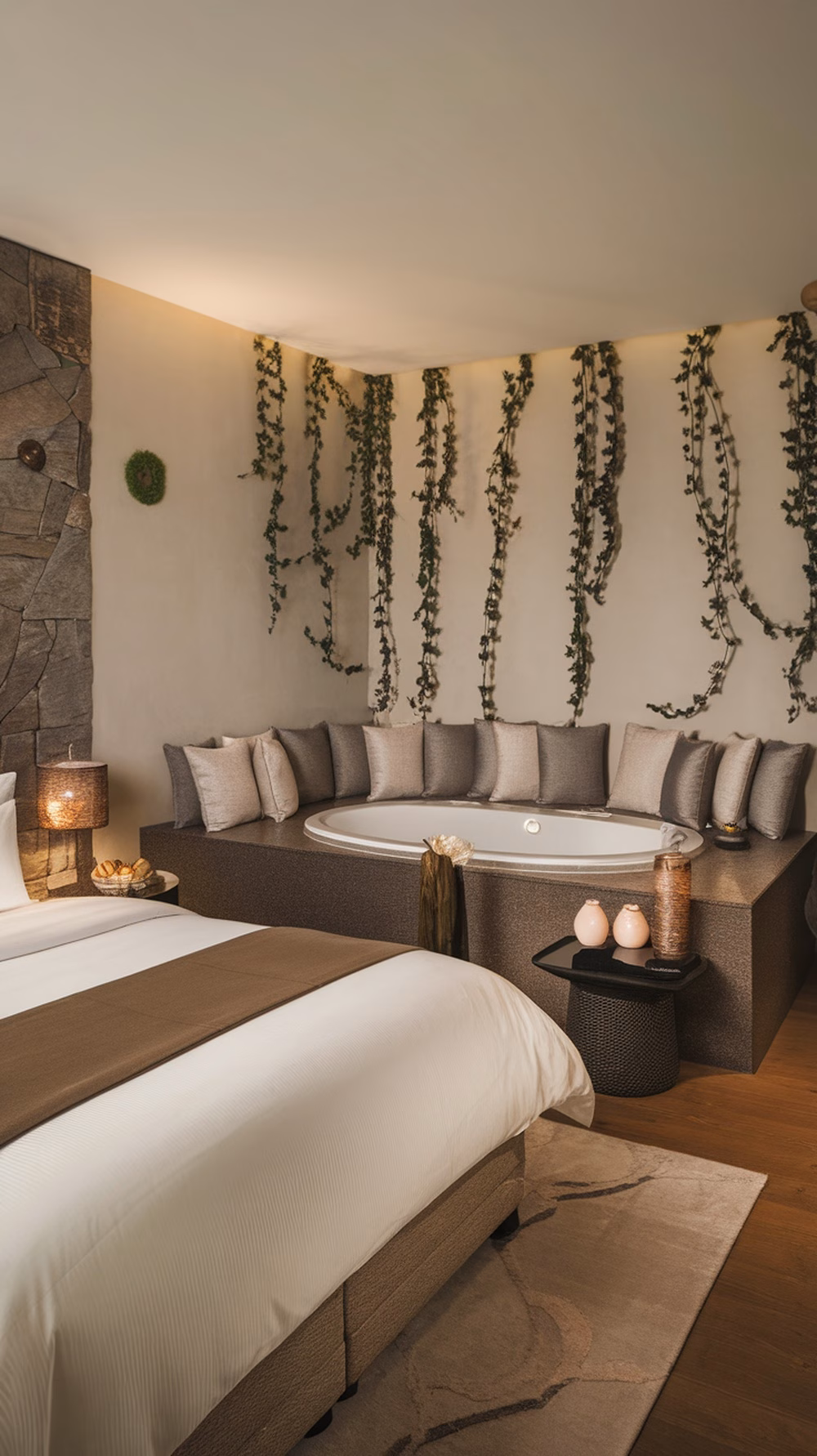 Luxurious spa-like guest suite with a cozy bed, seating area, and soothing decor.