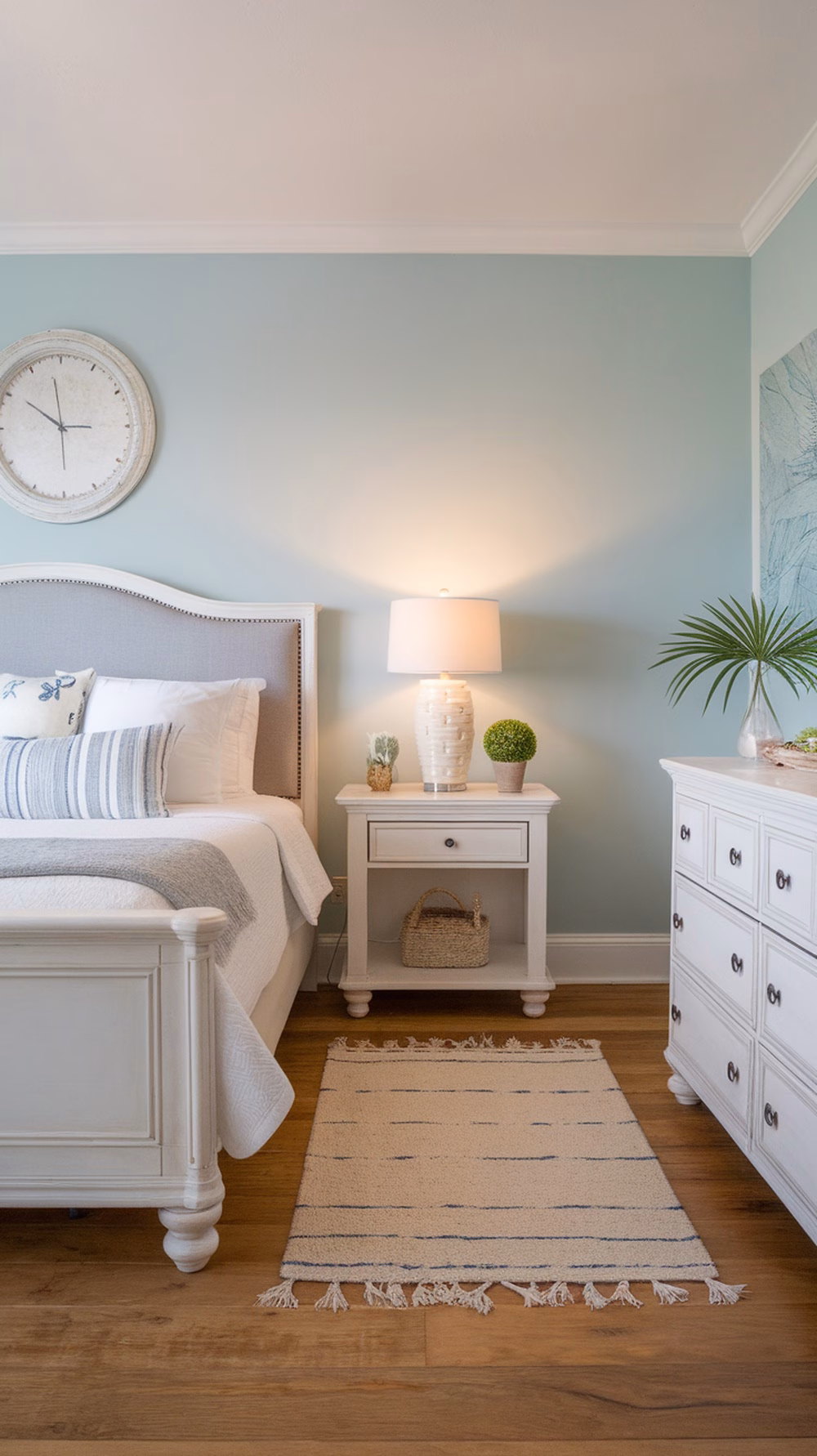 Cozy guest room with coastal beach house vibe, featuring light blue walls, a comfortable bed, and simple decor.