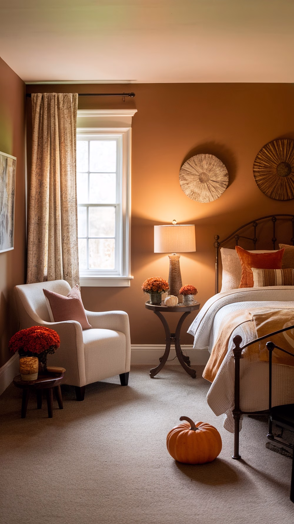 Cozy guest suite with warm brown walls, a comfortable chair, and seasonal decorations including a pumpkin and flowers.