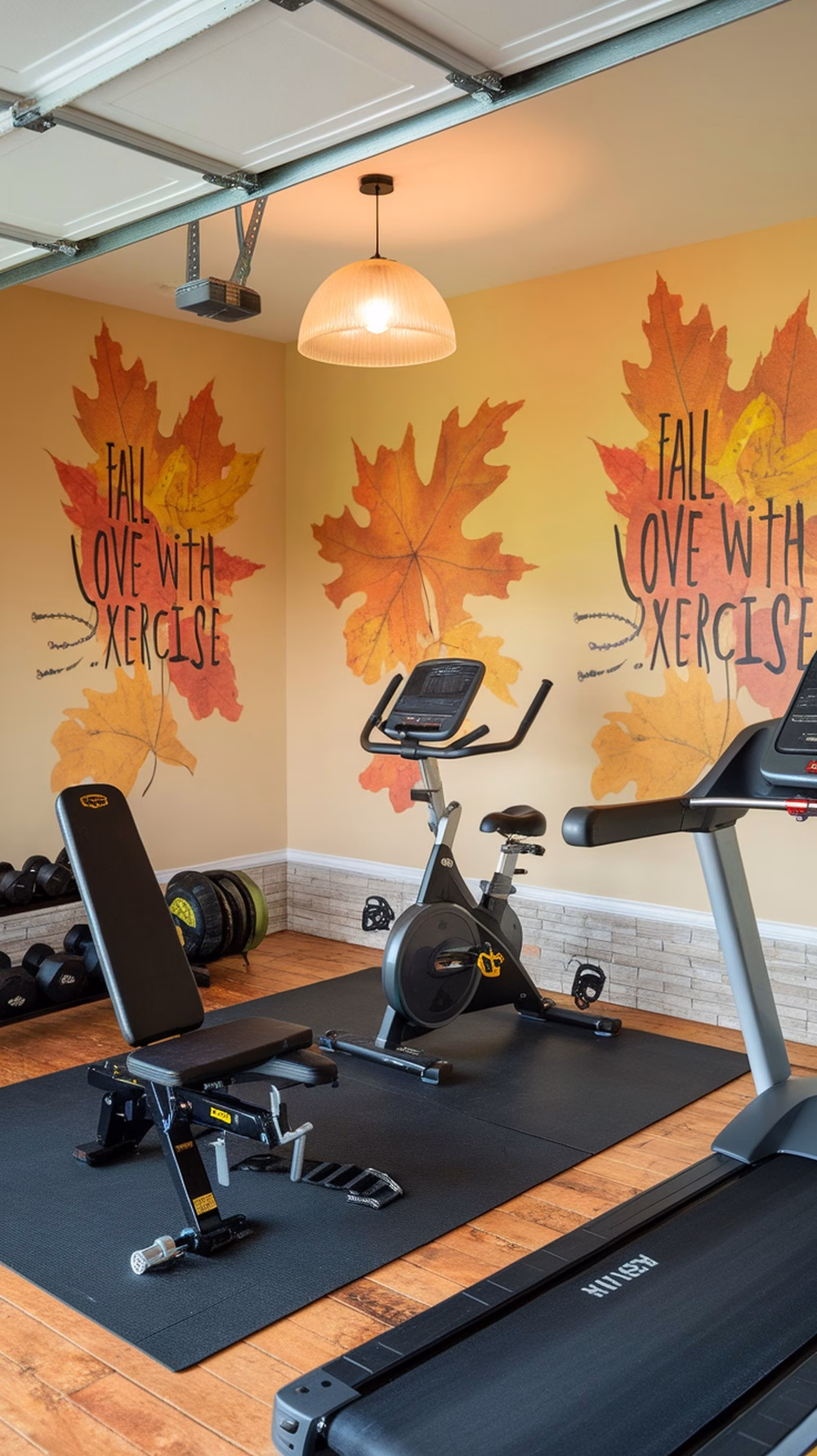 Home gym setup with treadmill, stationary bike, weights, and punching bag in a garage
