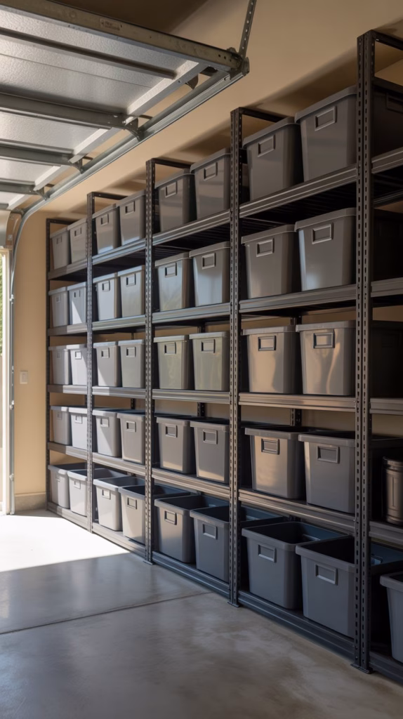 A photograph of a meticulously organized home garage featuring sturdy overhead racks and shelving units. The dark metal racks are filled with neatly arranged storage bins in varying shades of gray and beige, showcasing a practical and streamlined design. Sunlight streams in from an open garage door, highlighting the dust motes dancing in the air and casting soft shadows across the organized space. The concrete floor reflects the ambient light, contributing to a clean and spacious feel.